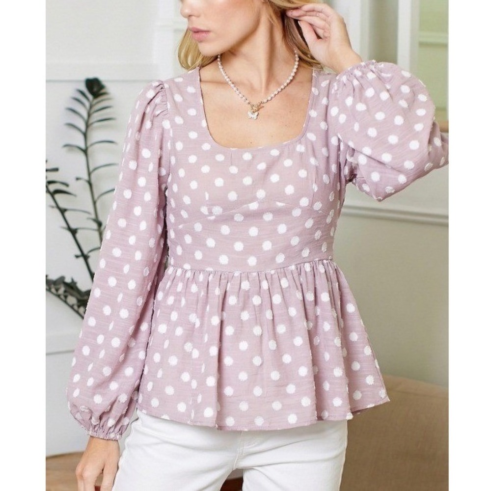 T148. Polka Dot Peplum Smocked Back Long‎ Sleeve Blouse